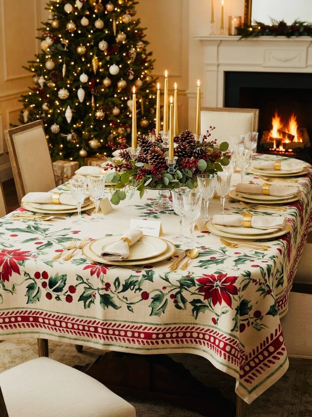NWT❤️Lillian August Holiday Poinsettia Tablecloth szOblong 60”x120”
